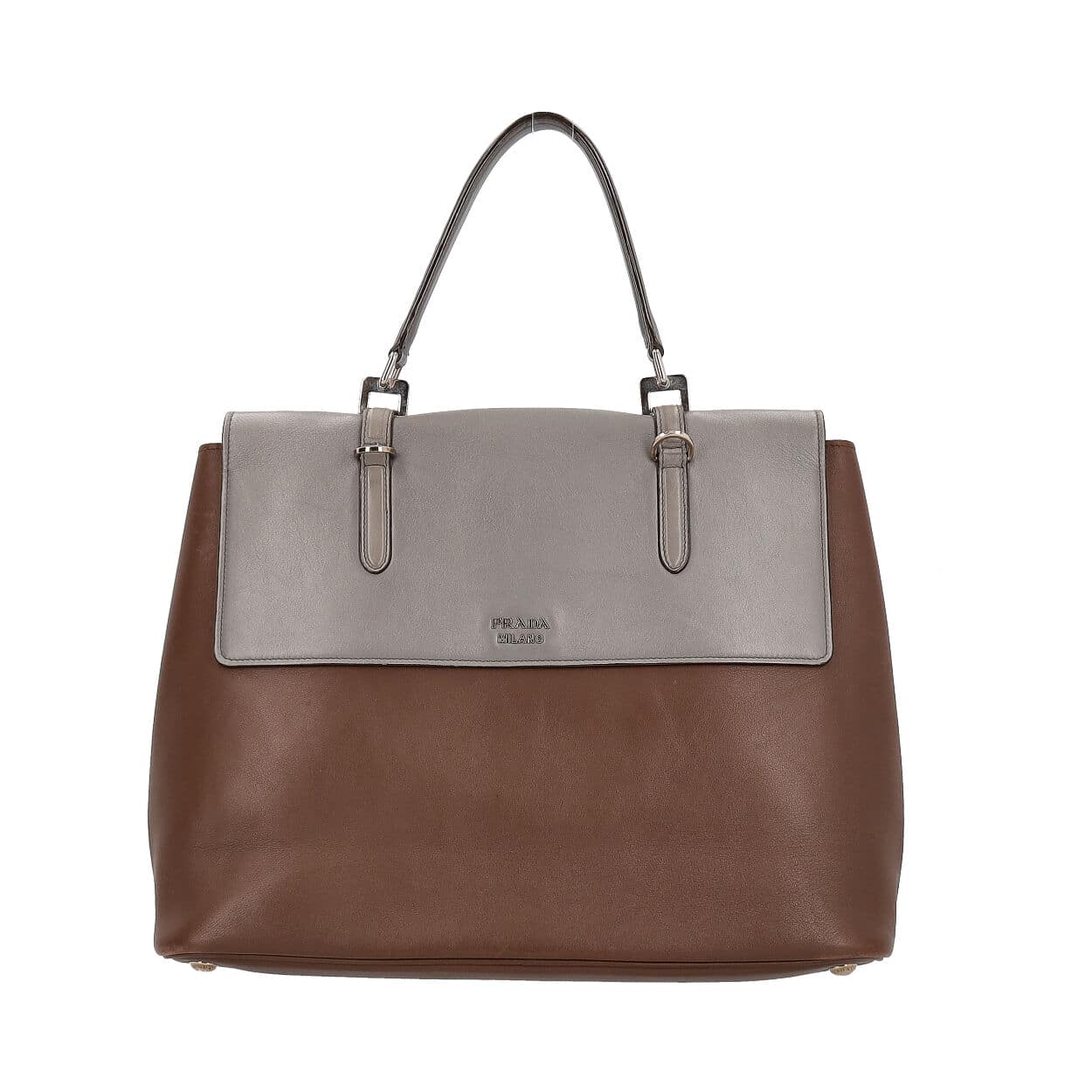 Prada Double Twist Lock Satchel Grey Leather Brown Gray Satchel Bag Brown Grey 1