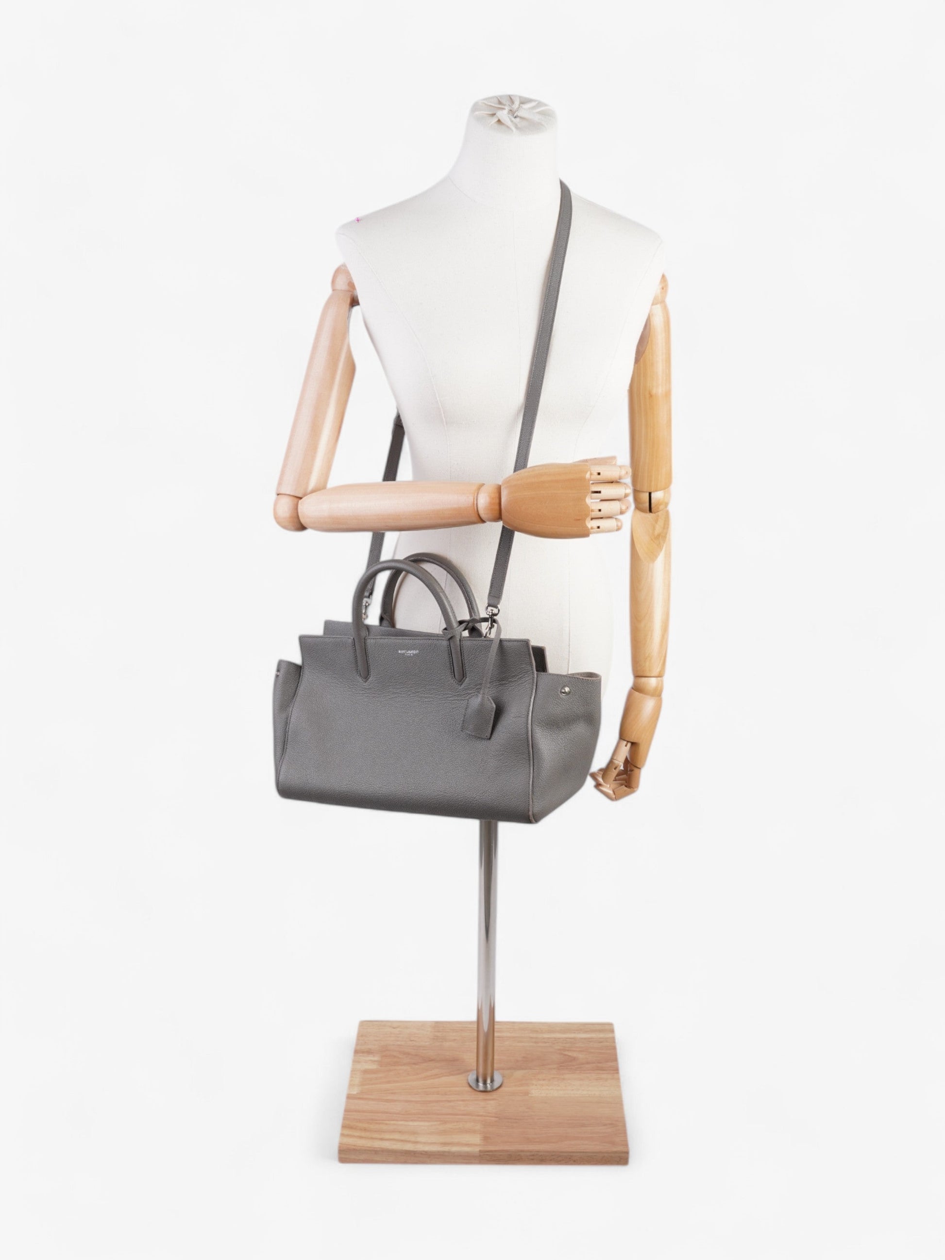 YSL Saint Laurent Rive Gauche Cabas Tote Grey Grained Leather Gray Crossbody Bag