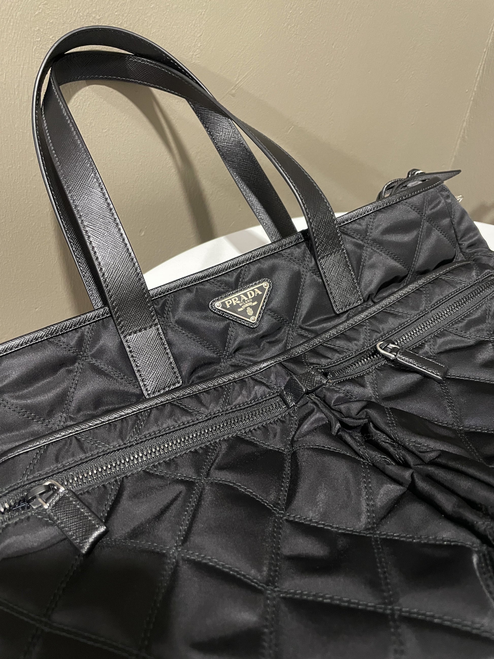 Prada Double Front Pocket Tote Nylon Quilted Black Tote Bag