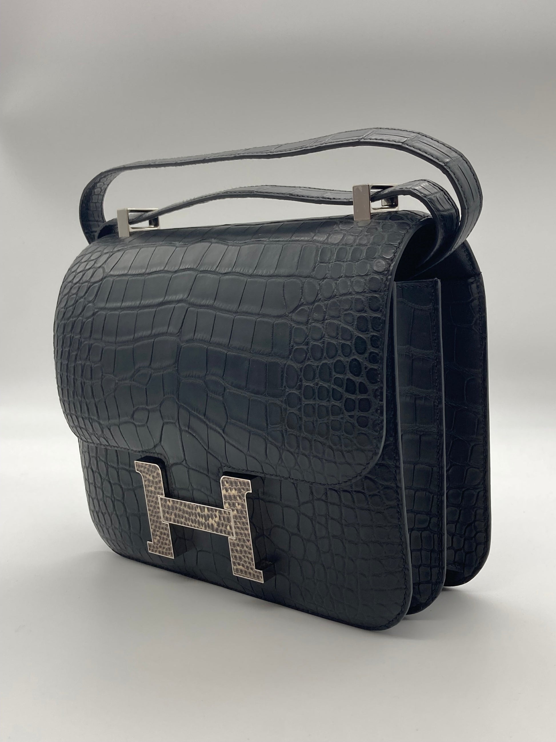 Gucci Hermes Constance Matte Alligator Ombre Lizard Marquette Black Travel Bag