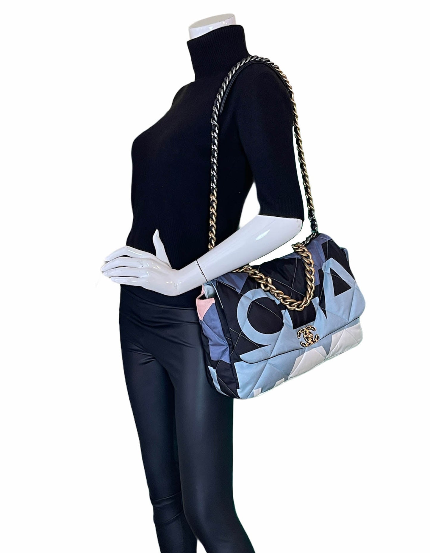 Chanel Blue/White/Black Maxi Scarf 19 Flap Bag
