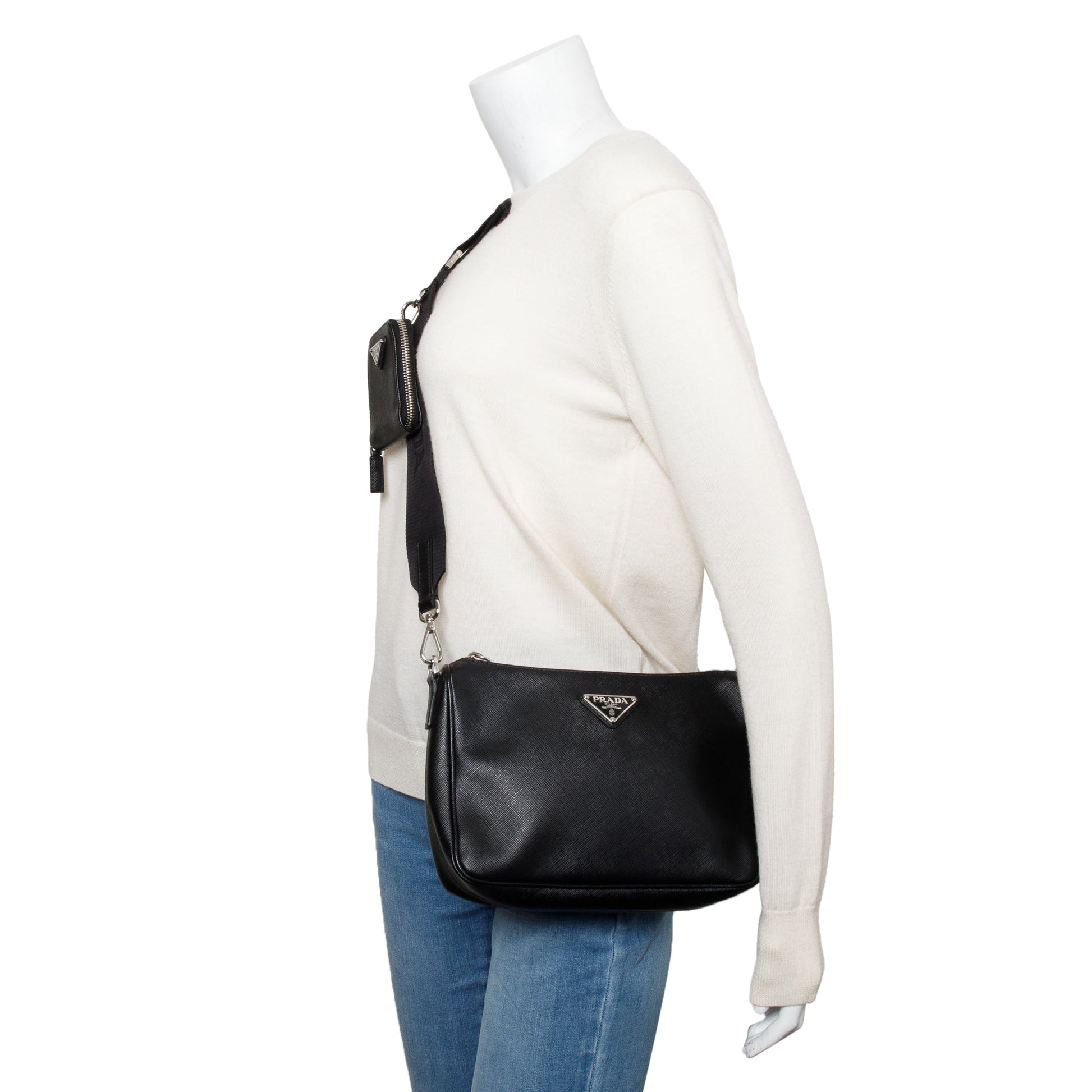 Prada Saffiano Travel Pocket Zippered Shoulder Bag Black