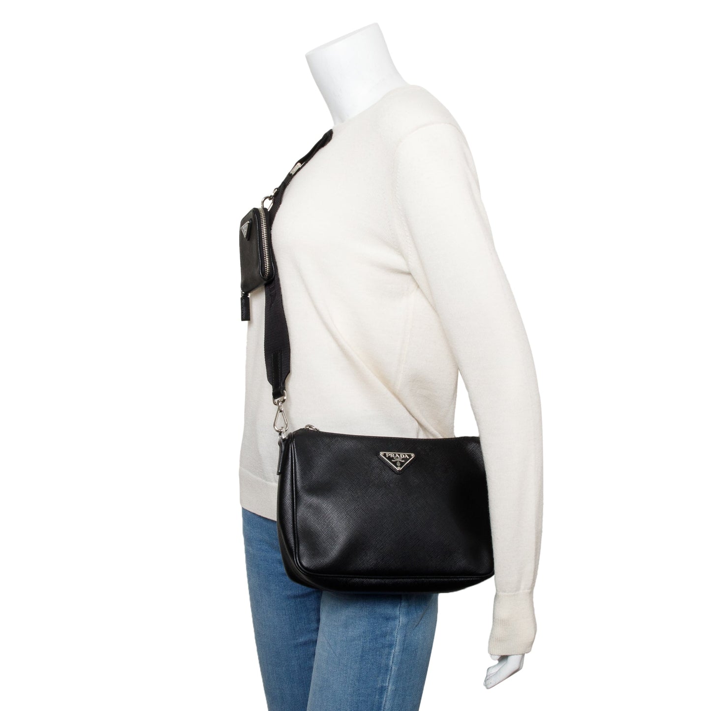 Prada Travel Pocket Zippered Shoulder Bag Saffiano Black