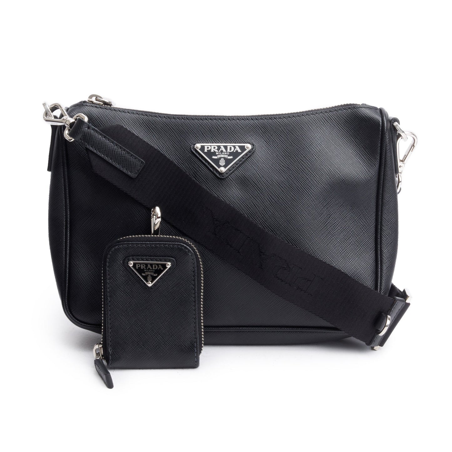 Prada Travel Pocket Zippered Shoulder Bag Saffiano Black