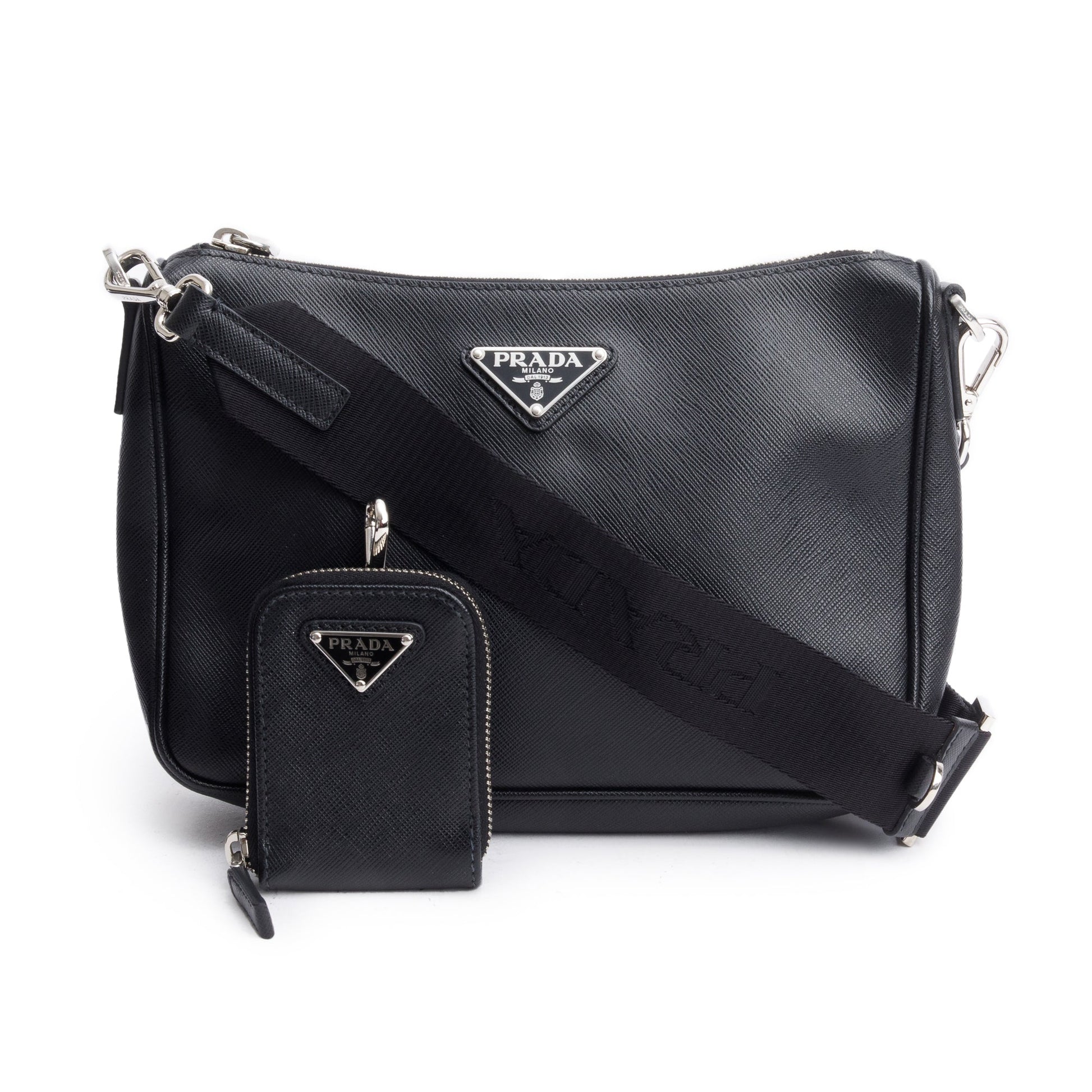 Prada Travel Pocket Zippered Shoulder Bag Saffiano Black