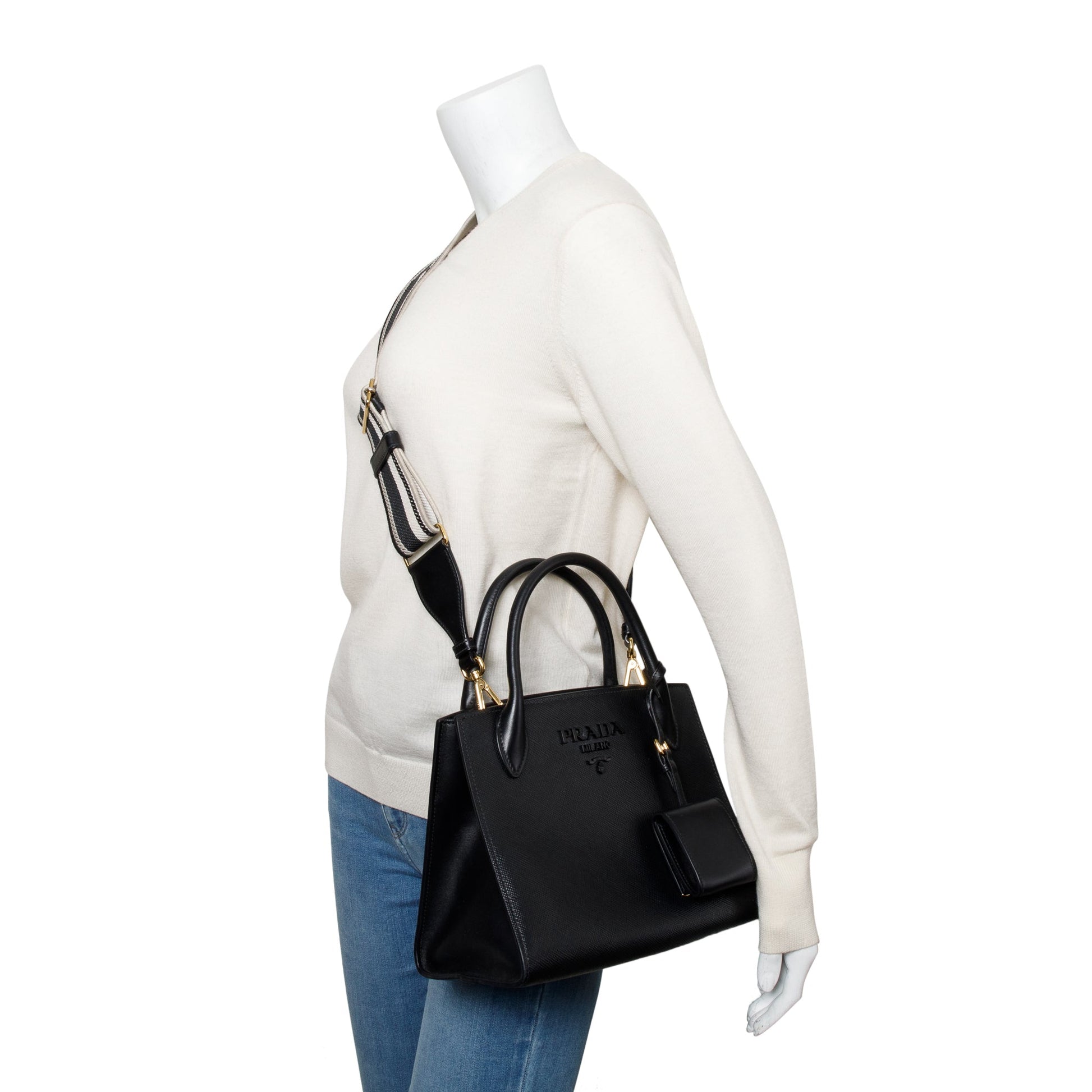 Prada Saffiano Cuir Monochrome Top Handle Tote Handbag Black Small Tote Bag
