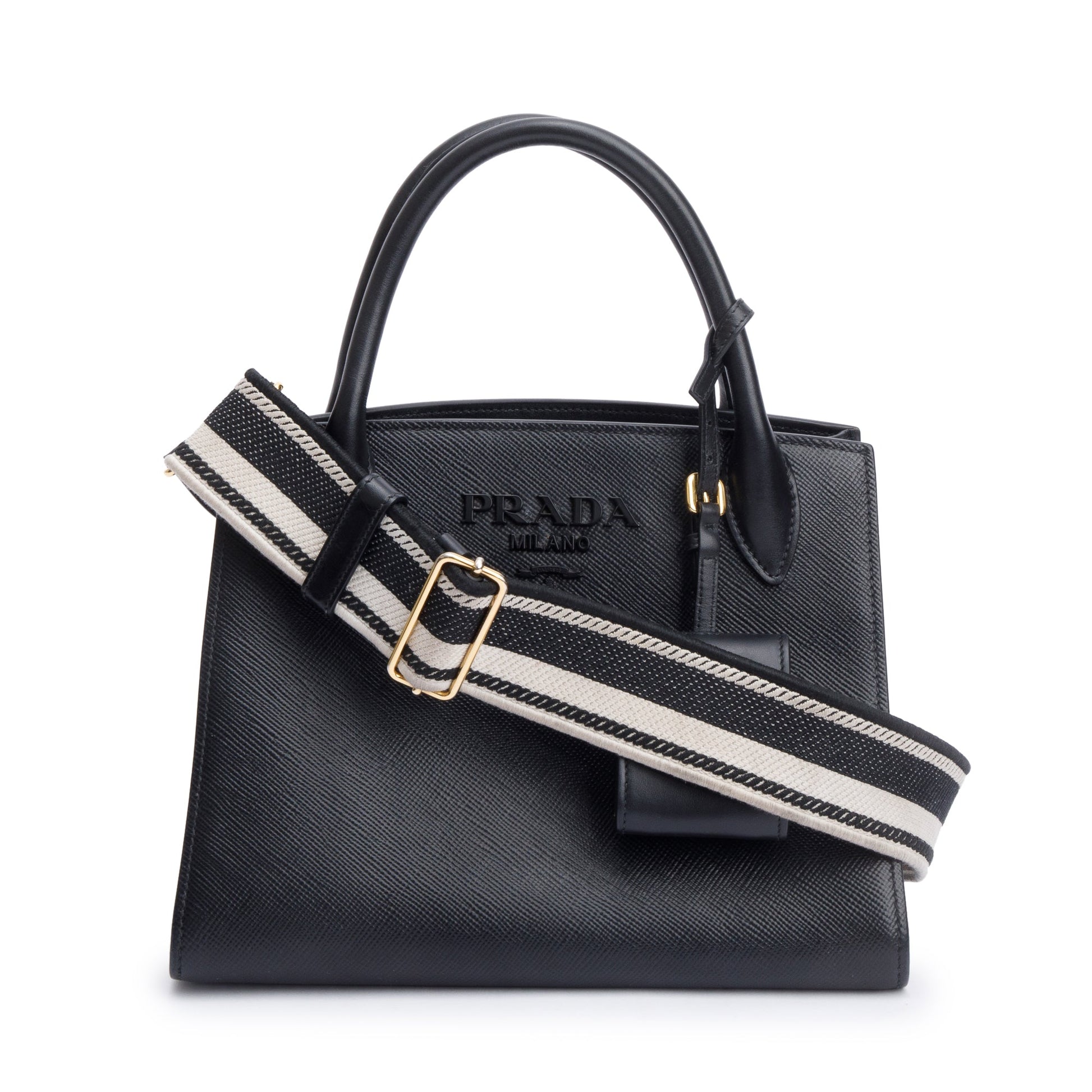 Prada Saffiano Cuir Monochrome Top Handle Tote Handbag Black Small Tote Bag