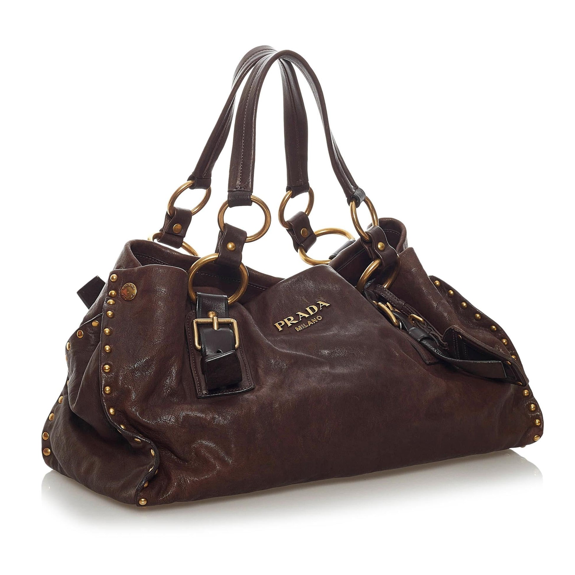 Prada Aviator Studded Tote Bag Shg Leather