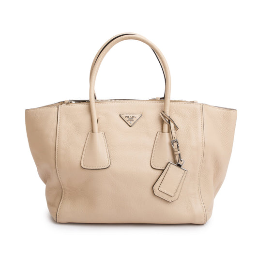 Prada Cervo Twin Pocket Tote Handbag Beige Medium Tote Bag