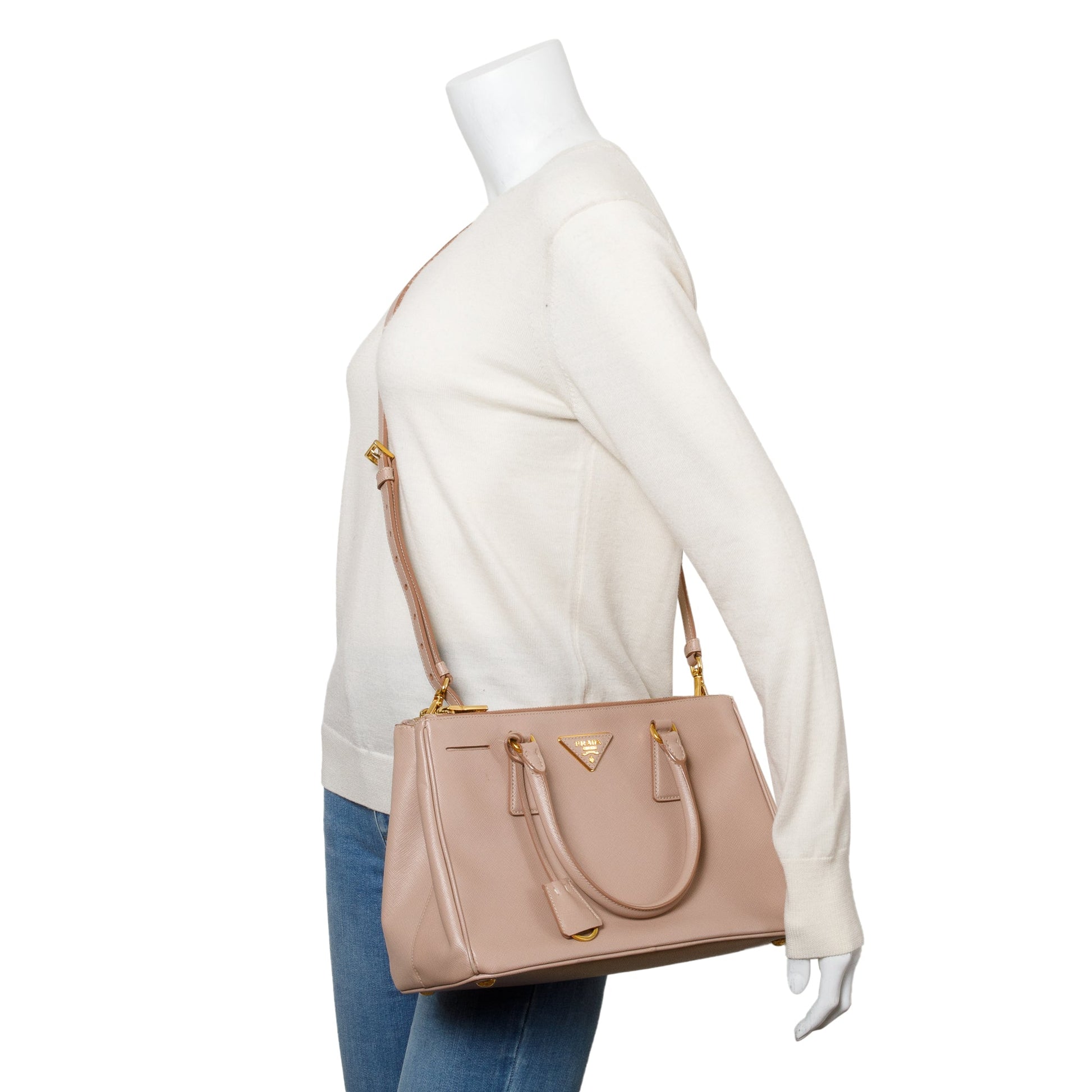 Prada Saffiano Double Zip Galleria Tote Handbag Leather Beige Tote Bag