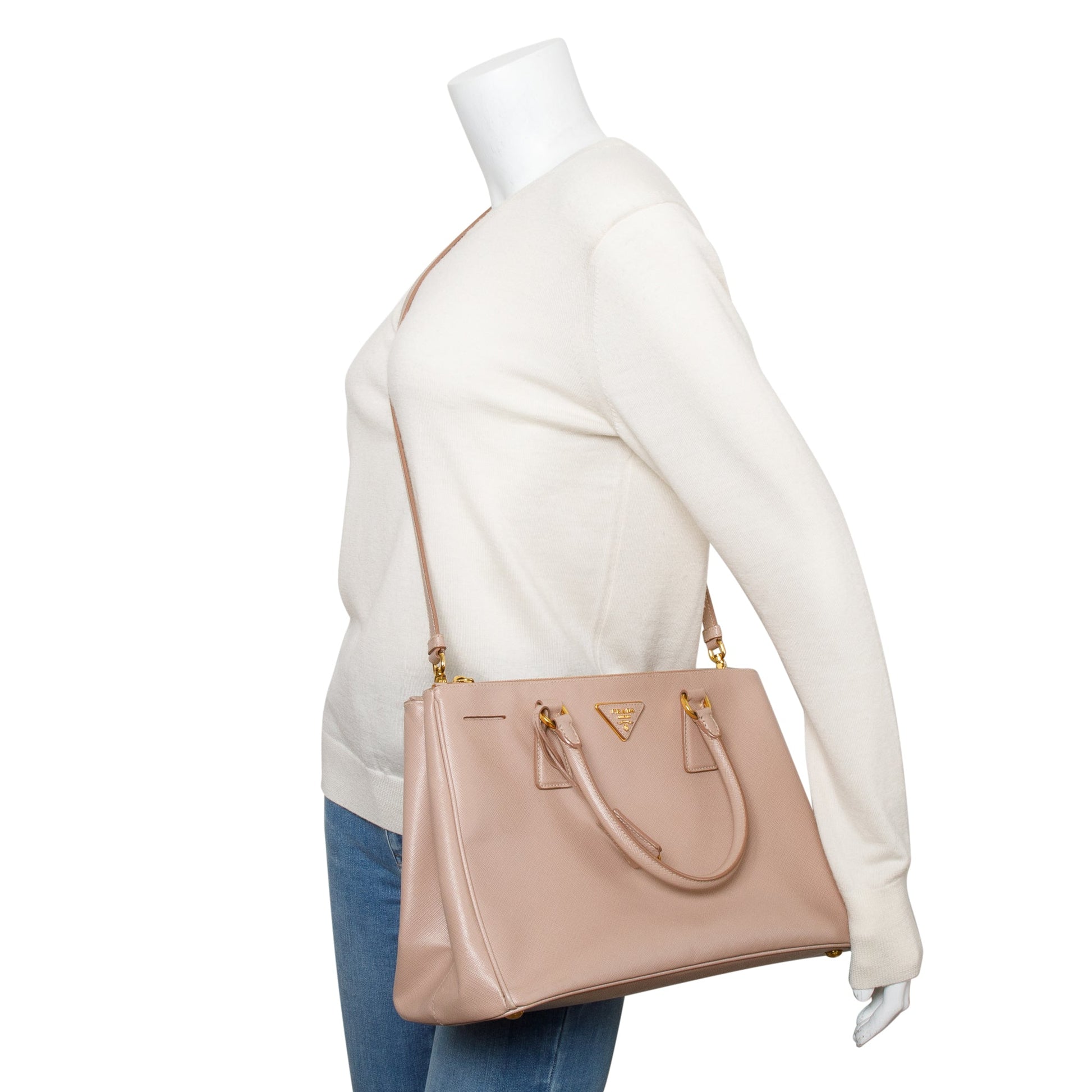 Prada Saffiano Lux Double Zip Galleria Tote Handbag Beige Medium Tote Bag