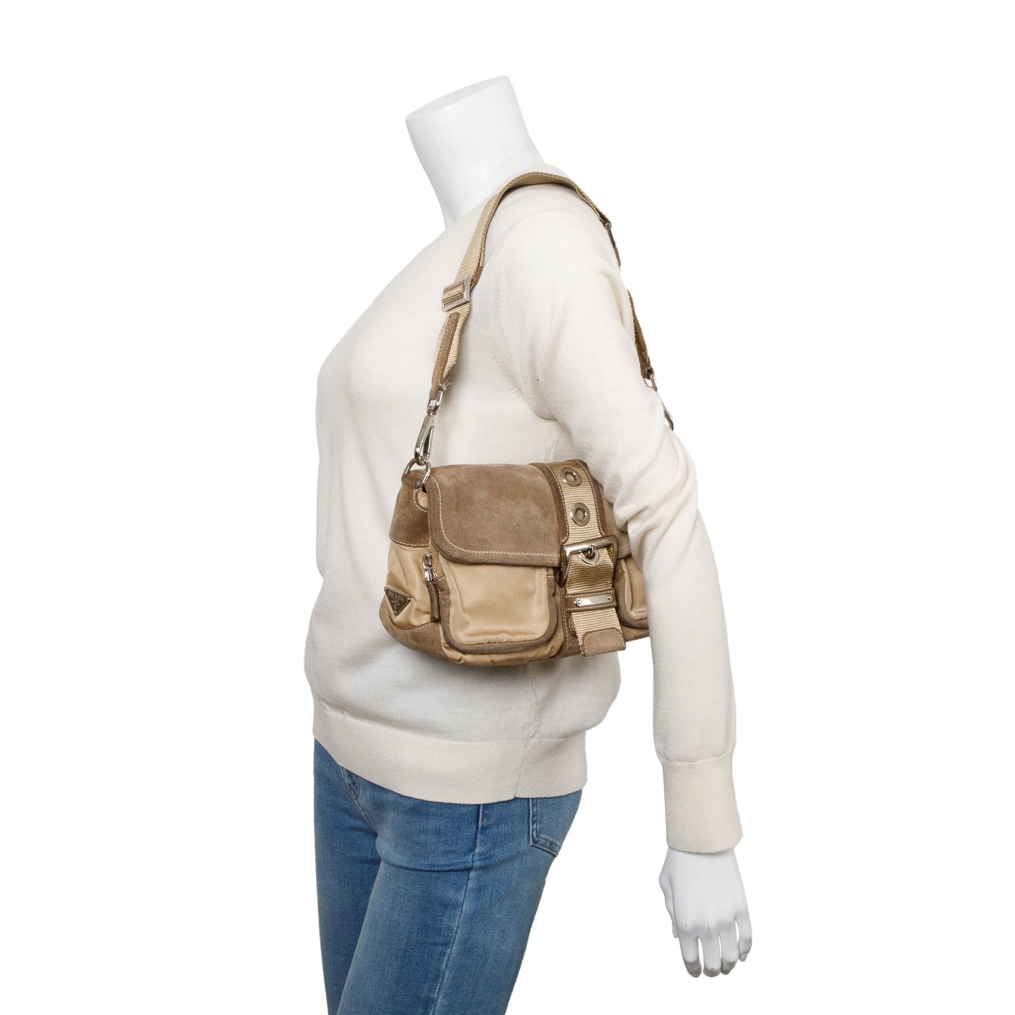 Prada Trim Buckle Flap Bag Suede Nylon Travel Bag