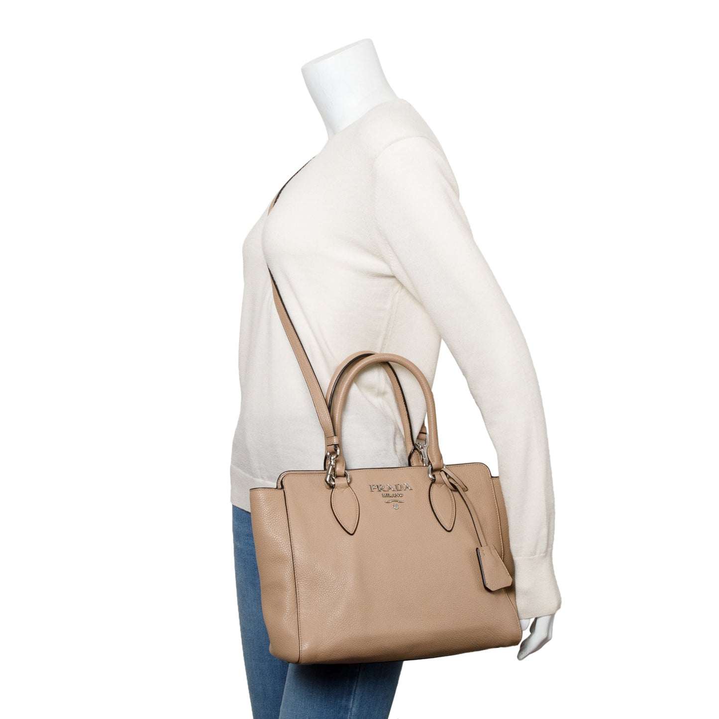 Prada Vitello Phenix Two Way Zip Tote Handbag Beige Tote Bag