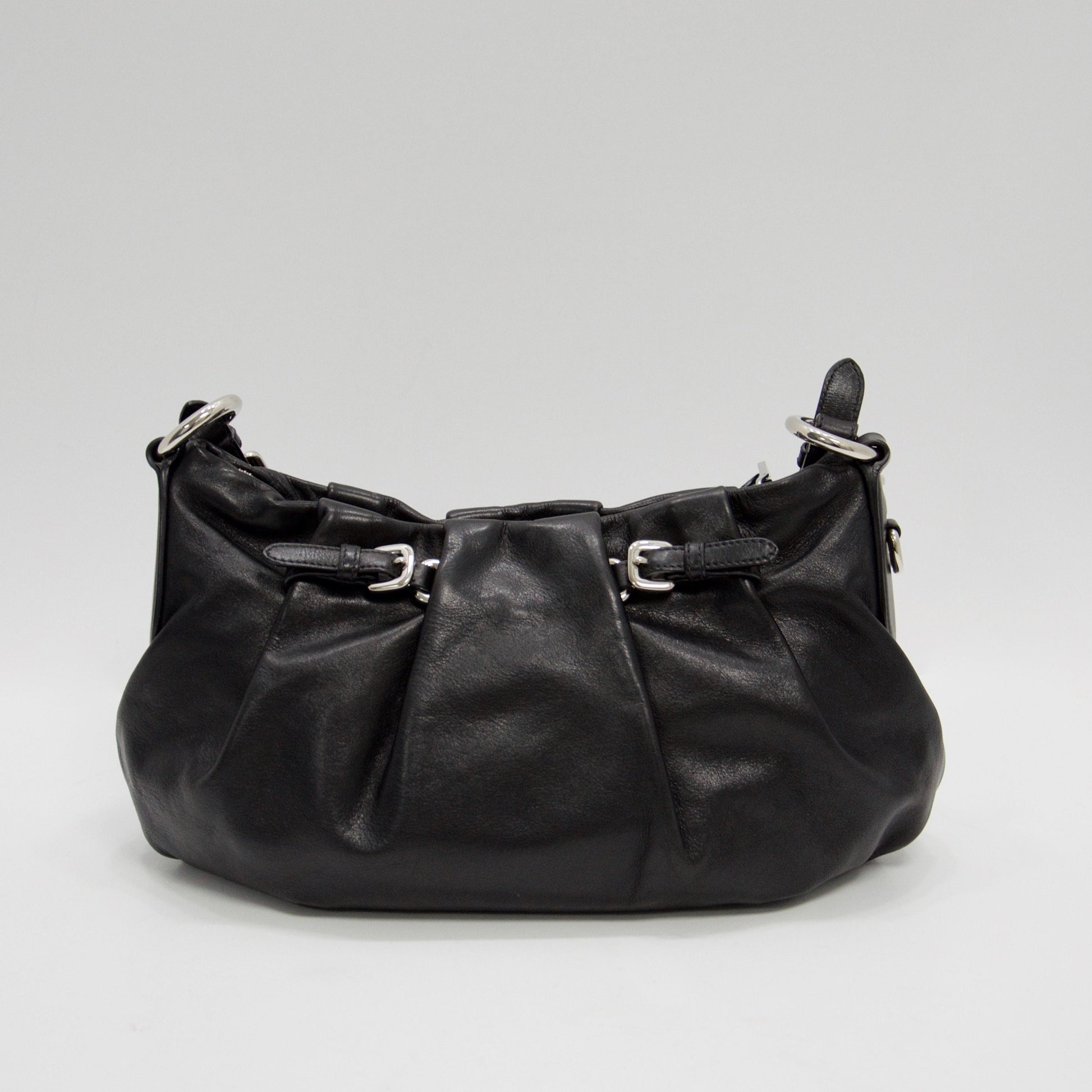 Prada Buckle Pleated Hobo Handbag Black Travel Bag