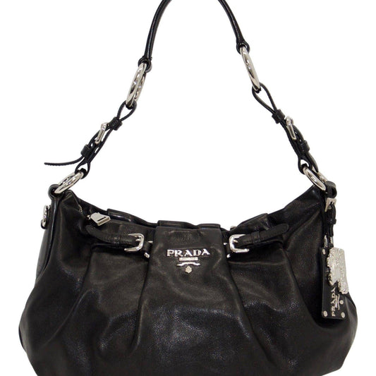 Prada Buckle Pleated Hobo Handbag Black Travel Bag