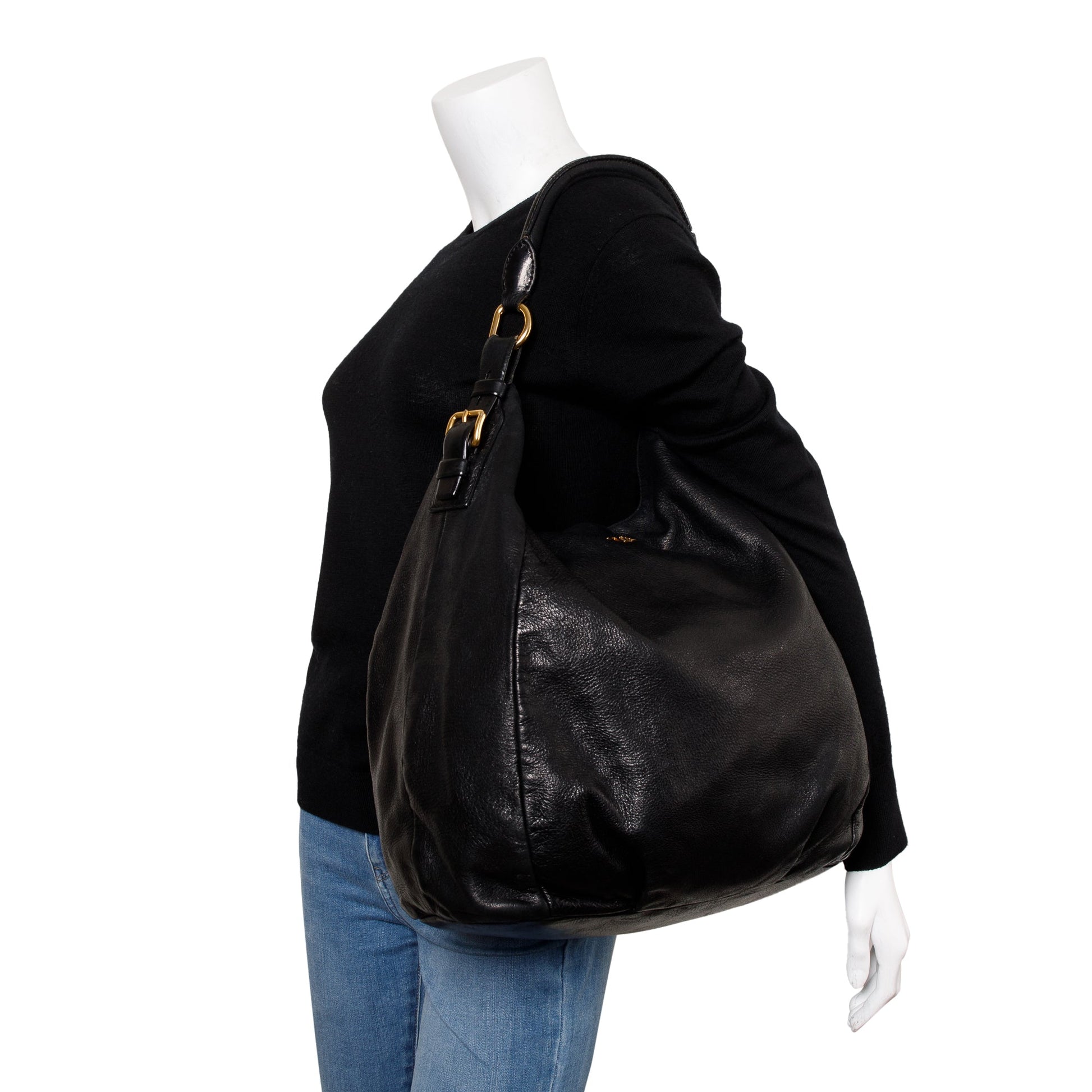 Prada Cervo Shine Hobo Handbag Black Travel Bag
