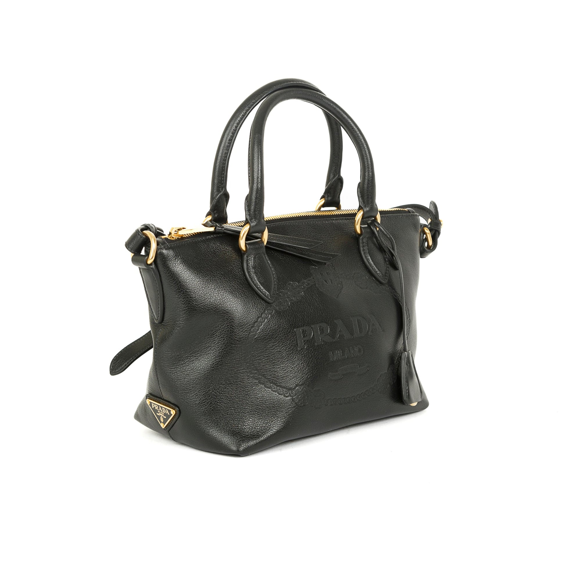 Prada Glace Calf Embossed Tote Handbag Black Logo Tote Bag