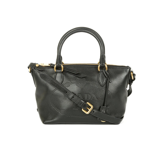 Prada Glace Calf Embossed Tote Handbag Black Logo Tote Bag