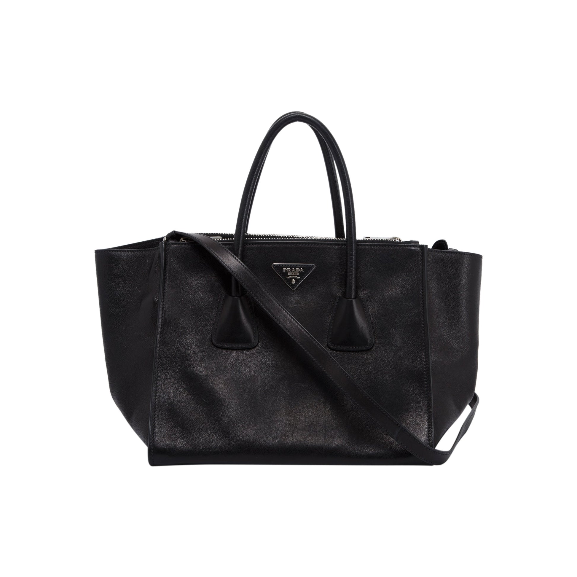 Prada Glace Calf Twin Pocket Tote Handbag Black Tote Bag