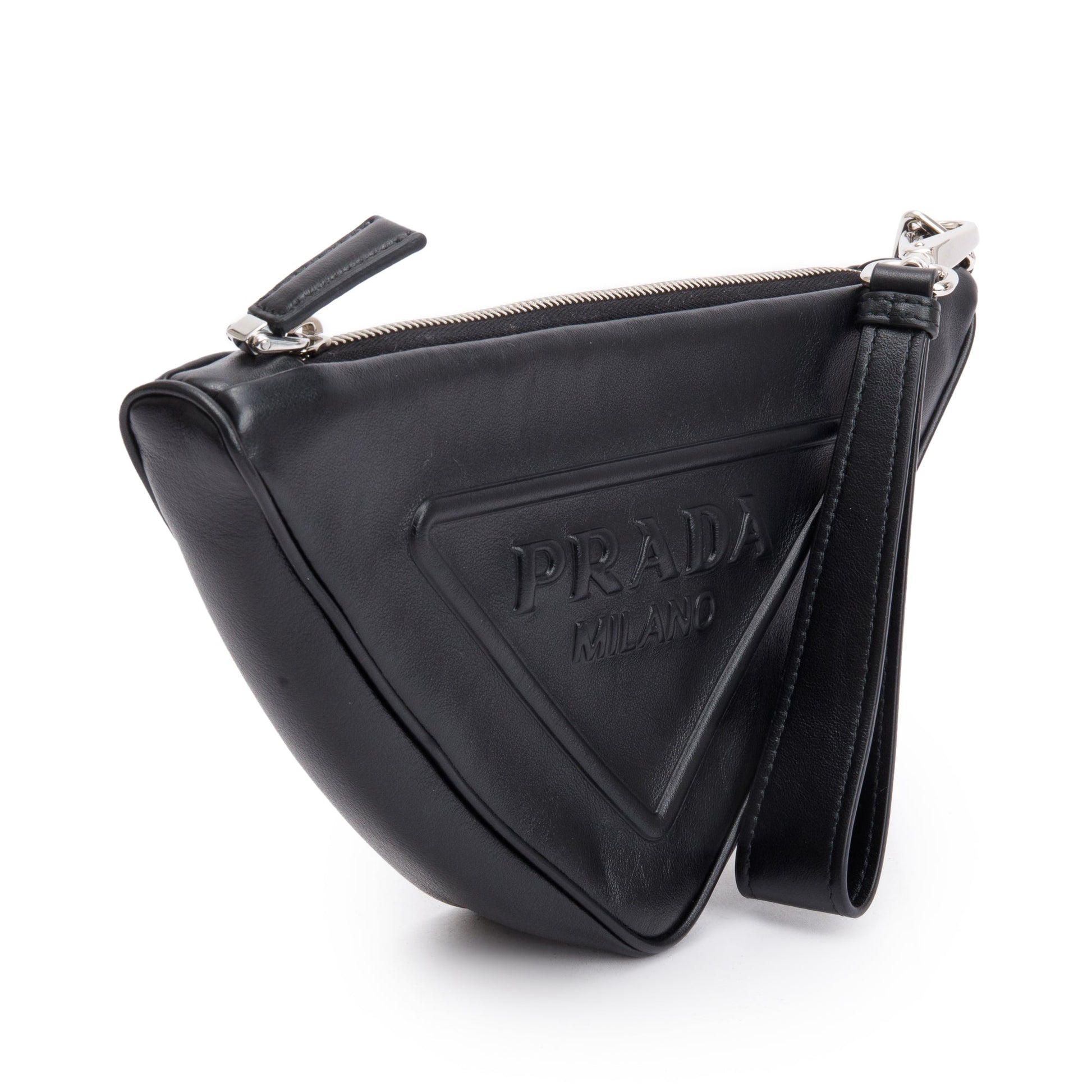 Prada Grace Lux Triangle Wristlet Clutch Handbag Leather Black Clutch Bag