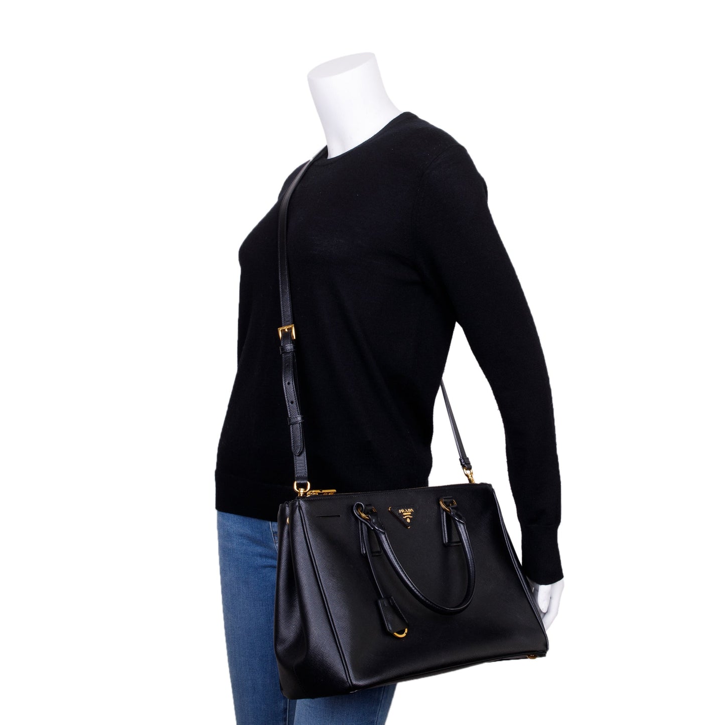 Prada Saffiano Lux Double Zip Galleria Tote Handbag Black Large Tote Bag
