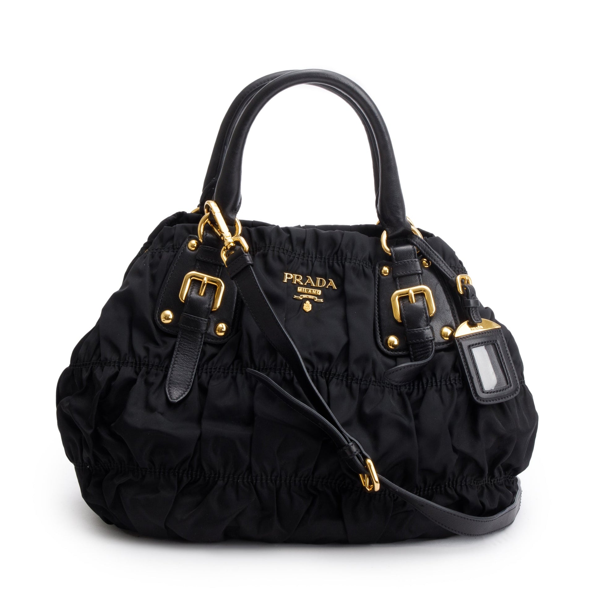 Prada Trimmed Tessuto Gaufre Tote Leather Black Tote Bag