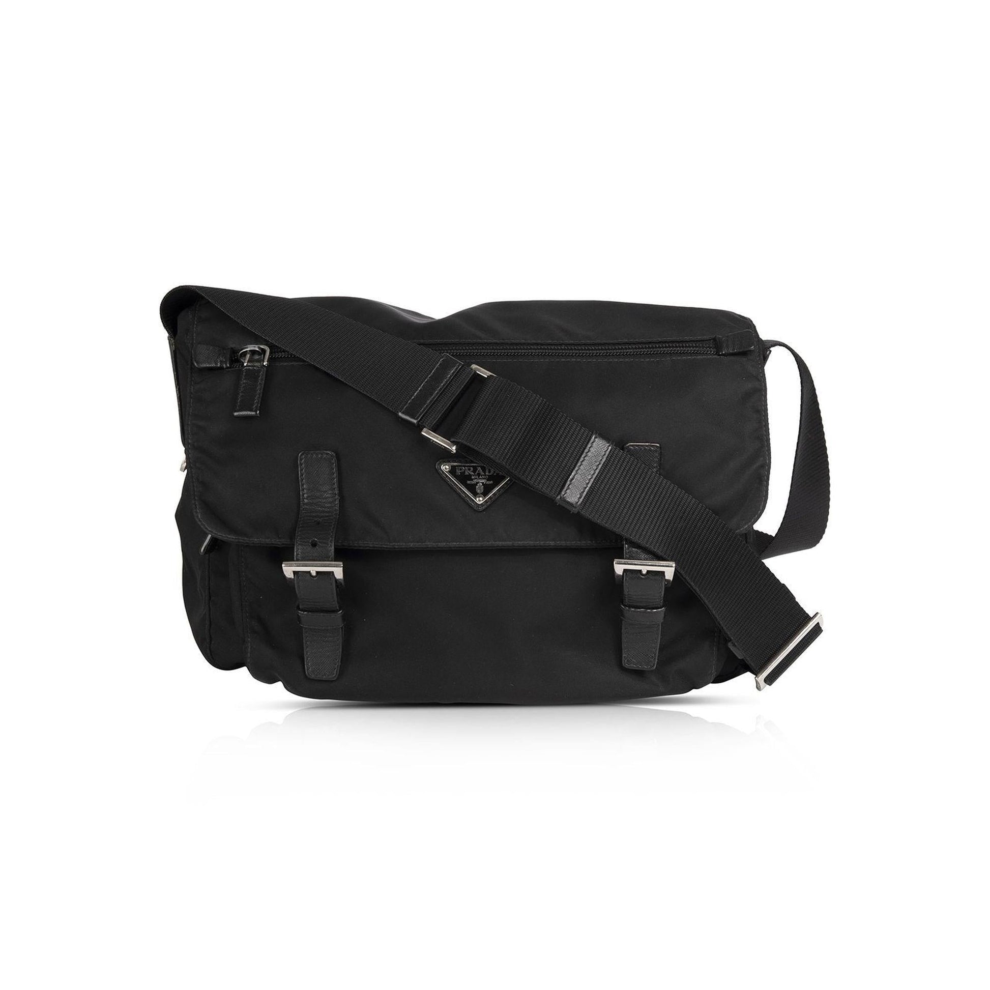 Prada Trimmed Tessuto Messenger Bag Leather Black Travel Bag