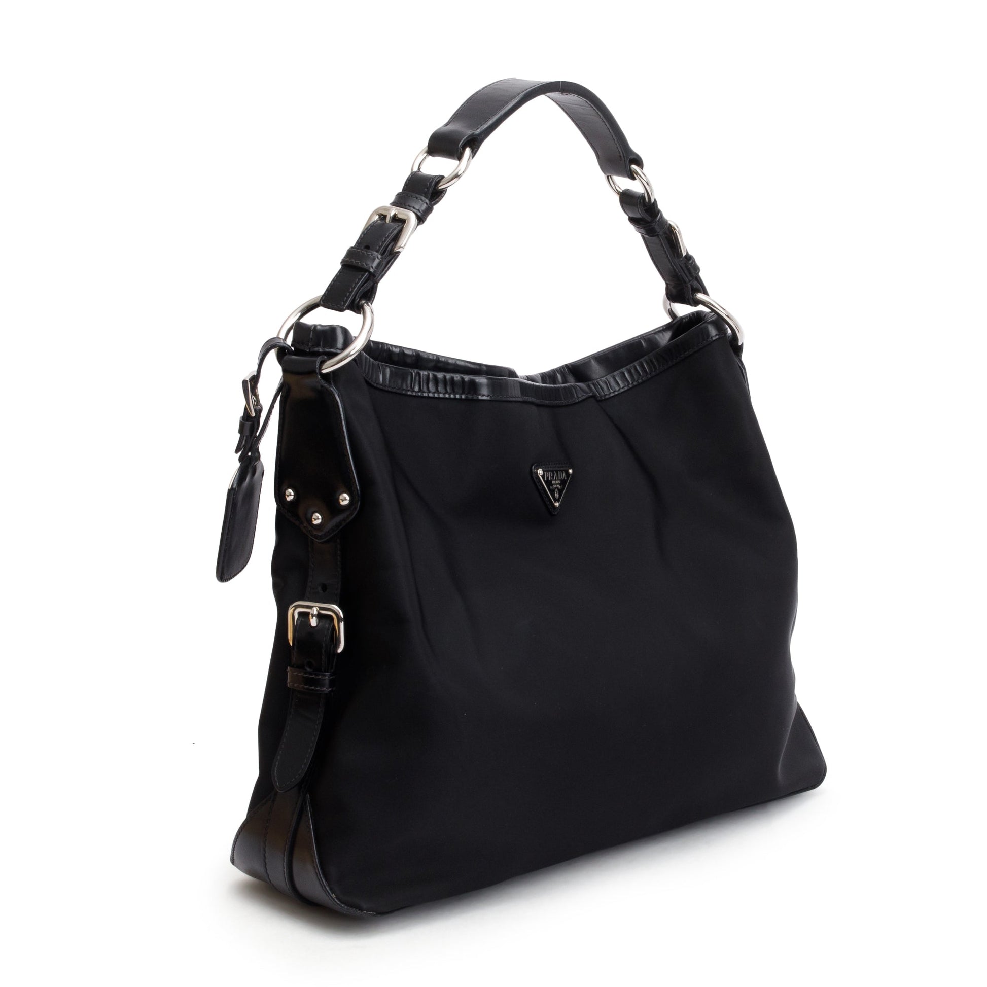 Prada Trimmed Tessuto Hobo Handbag Leather Nylon Travel Bag