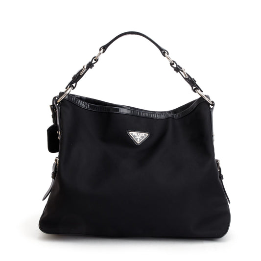 Prada Trimmed Tessuto Hobo Handbag Leather Nylon Travel Bag