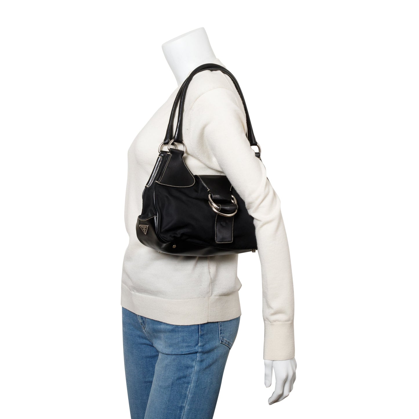 Prada Trimmed Tessuto Moon Bag Leather Nylon Black Travel Bag