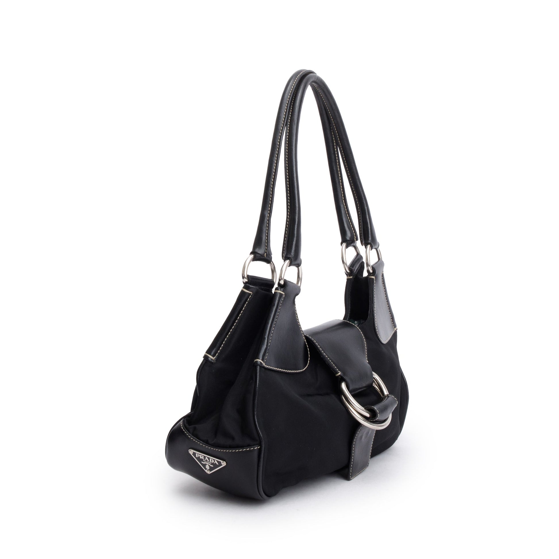 Prada Trimmed Tessuto Moon Bag Leather Nylon Travel Bag