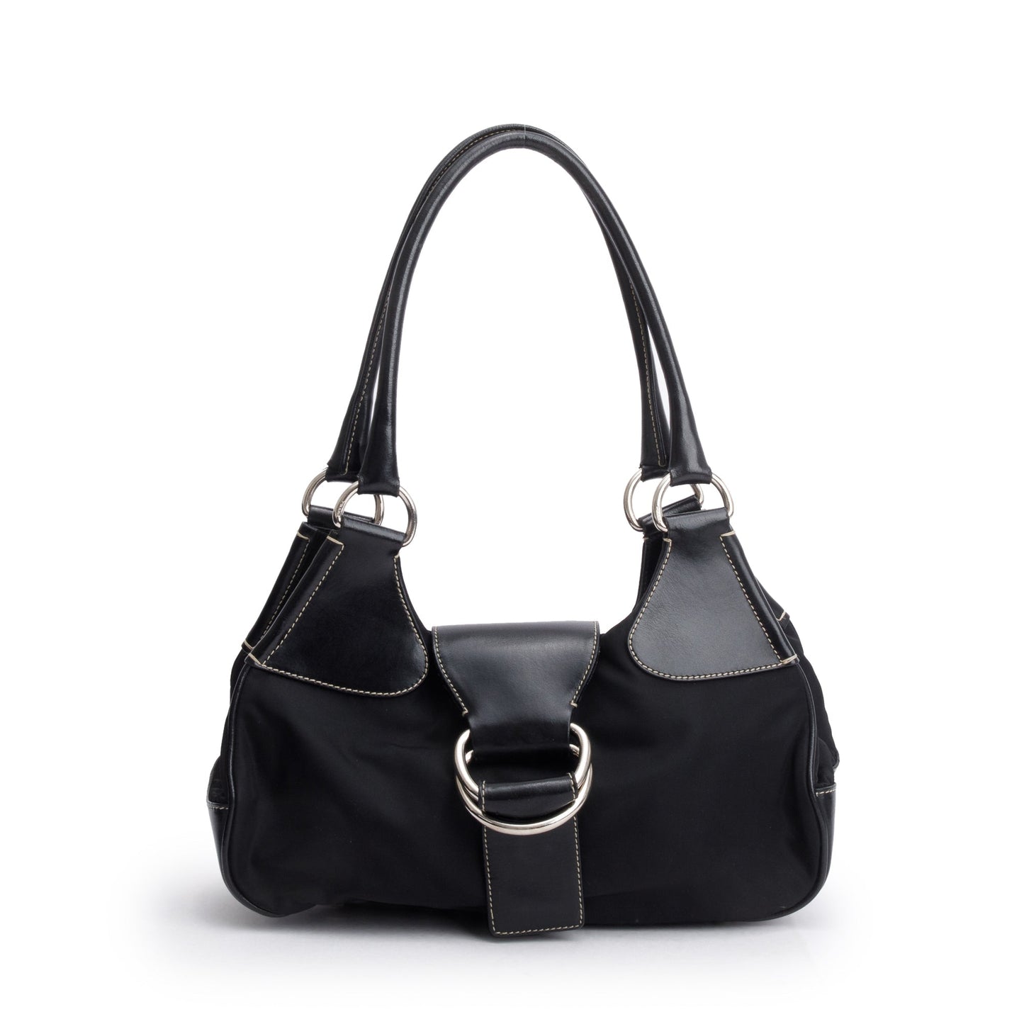 Prada Trimmed Tessuto Moon Bag Leather Nylon Travel Bag