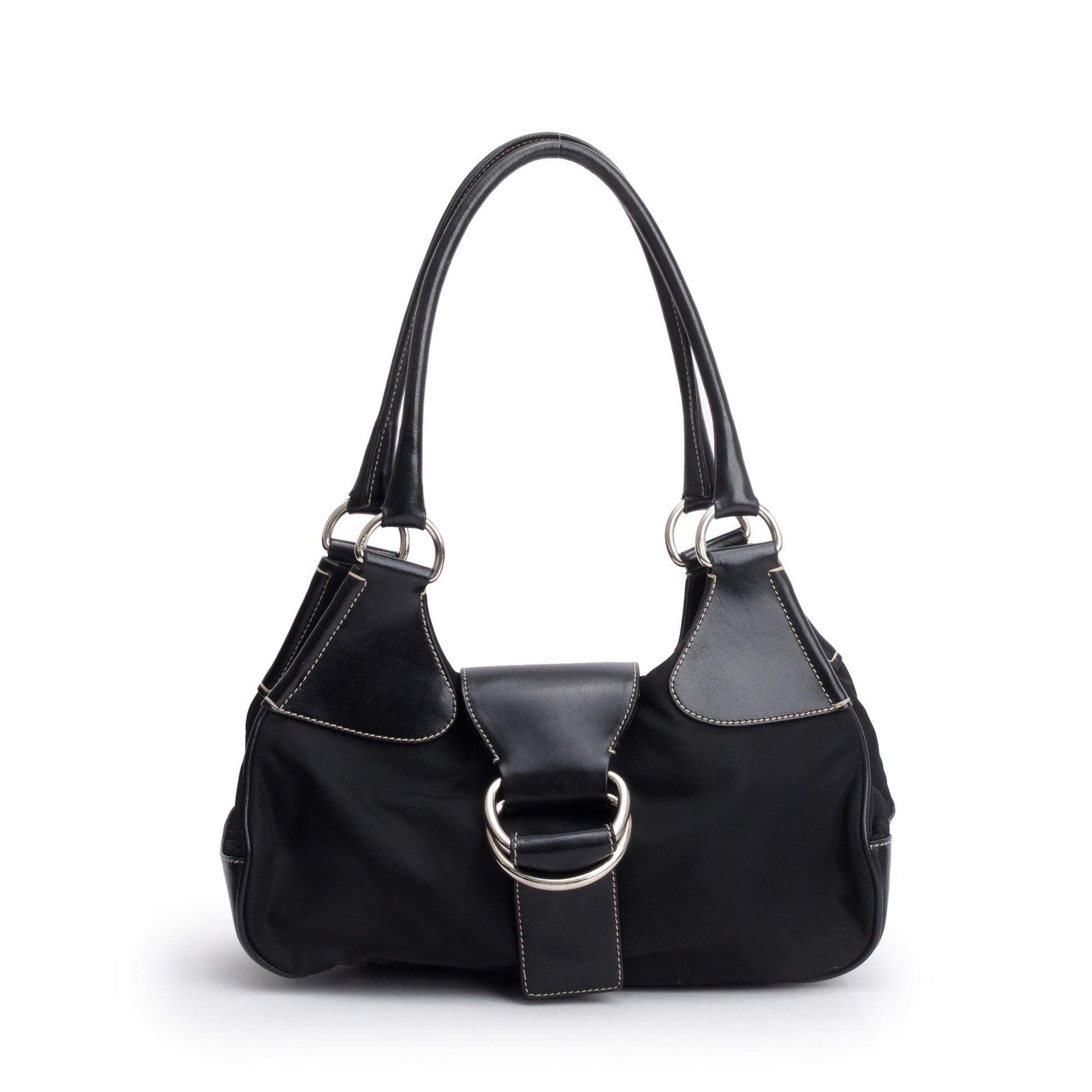 Prada Trimmed Tessuto Moon Bag Leather Nylon Travel Bag