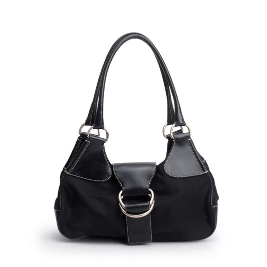 Prada Trimmed Tessuto Moon Bag Leather Nylon Black Travel Bag
