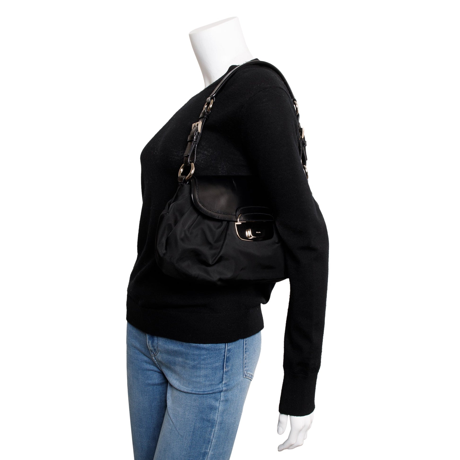 Prada Trimmed Tessuto Pushlock Flap Hobo Bag Leather Nylon Travel Bag