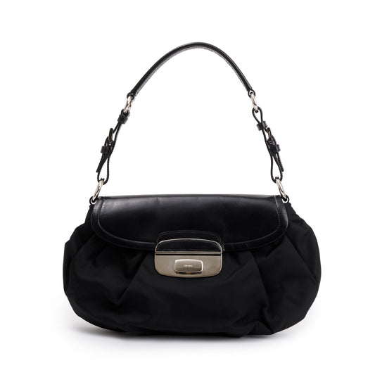 Prada Trimmed Tessuto Pushlock Flap Hobo Bag Leather Nylon Travel Bag