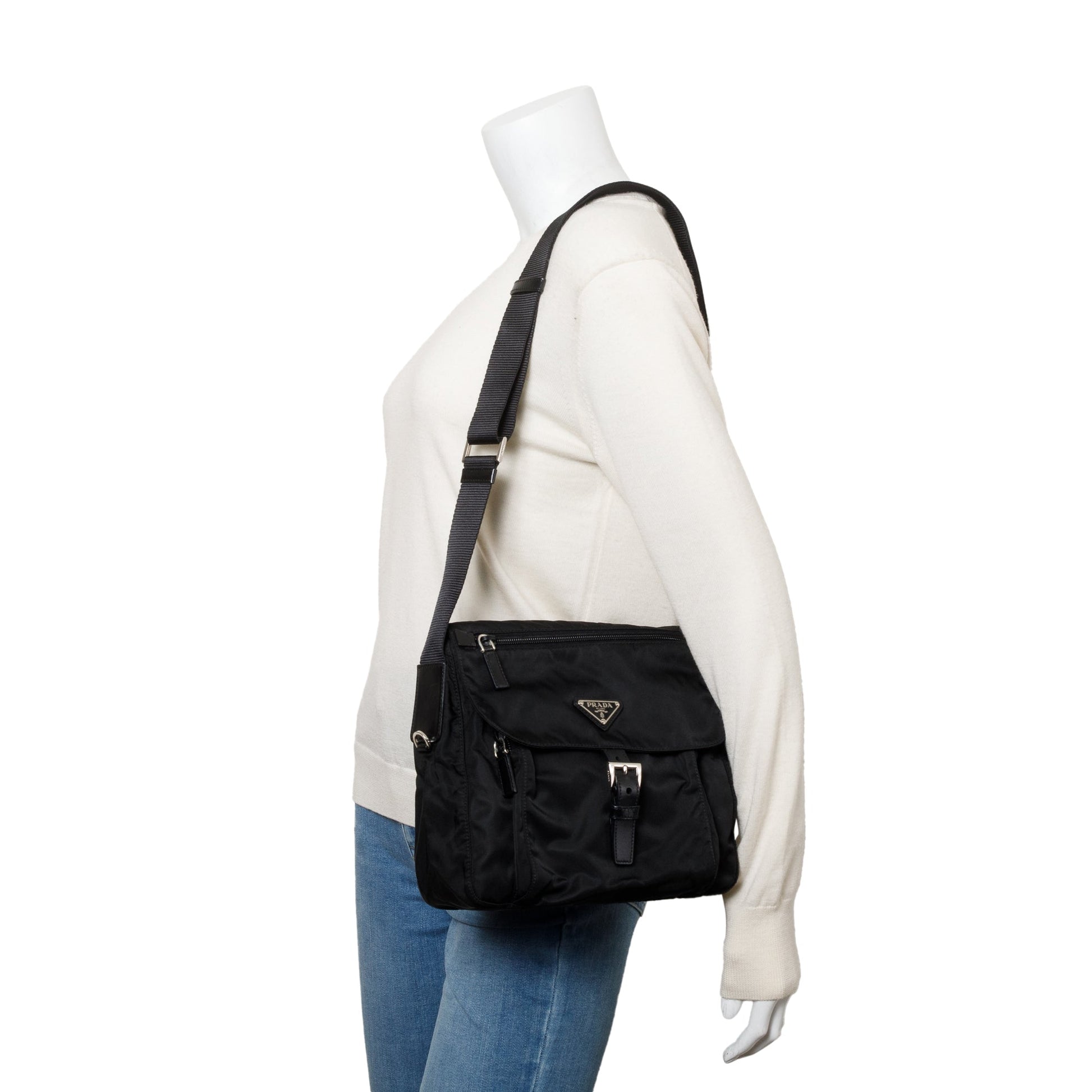 Prada Vela Sport Buckle Messenger Bag Nylon Black Travel Bag