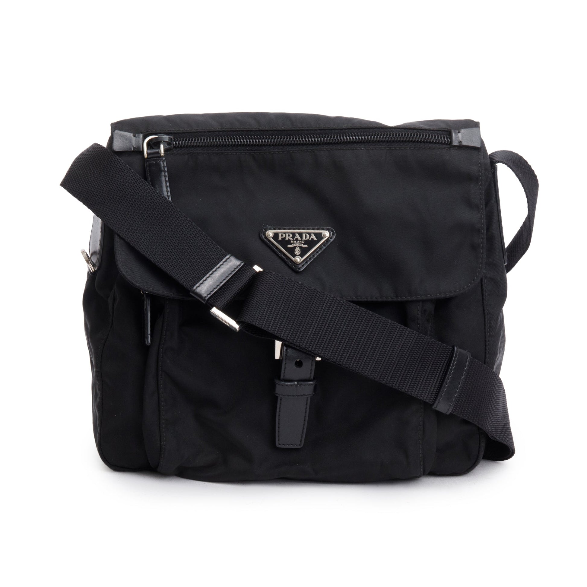 Prada Vela Sport Buckle Messenger Bag Nylon Black Travel Bag