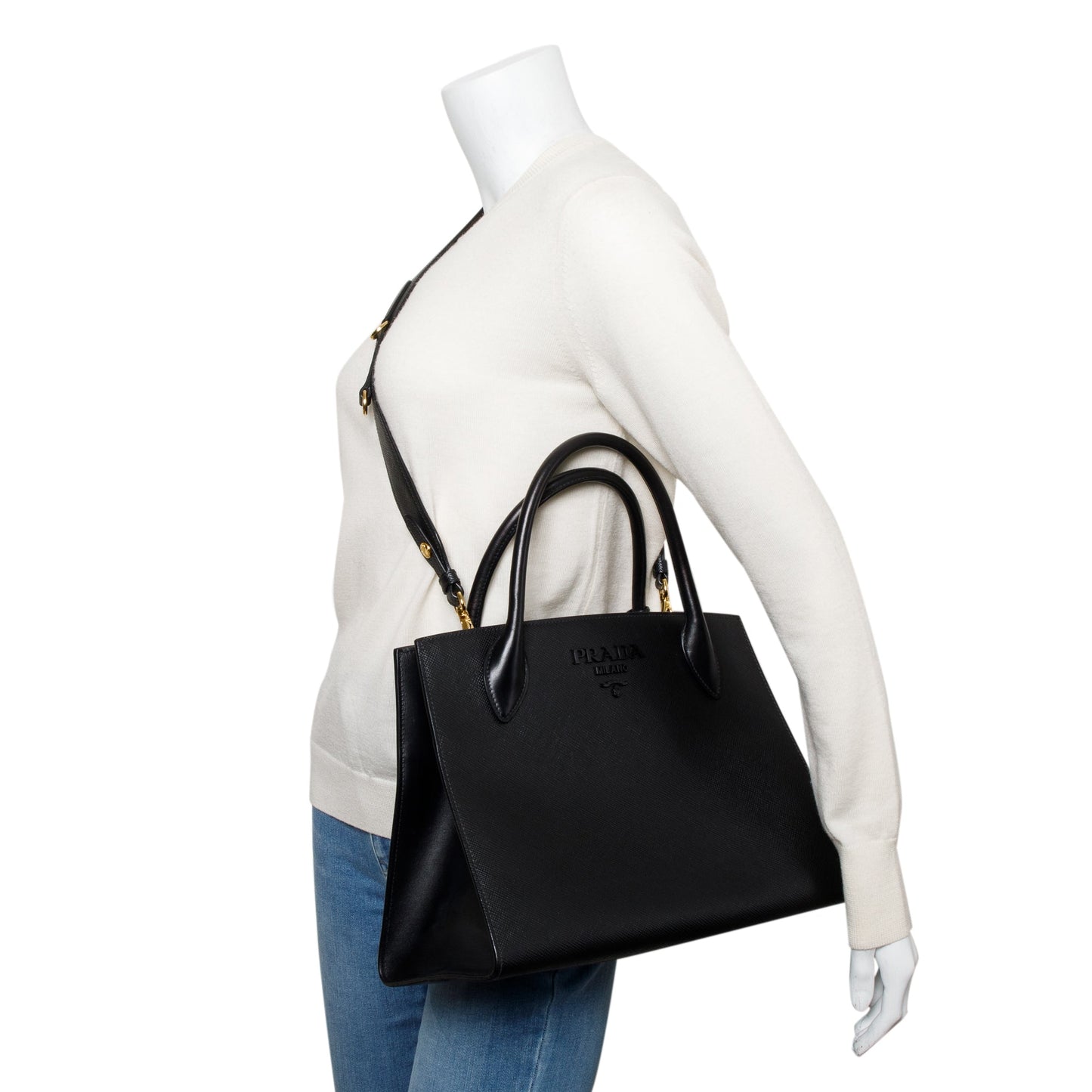 Prada Saffiano Cuir Monochrome Top Handle Tote Handbag Black Medium Tote Bag