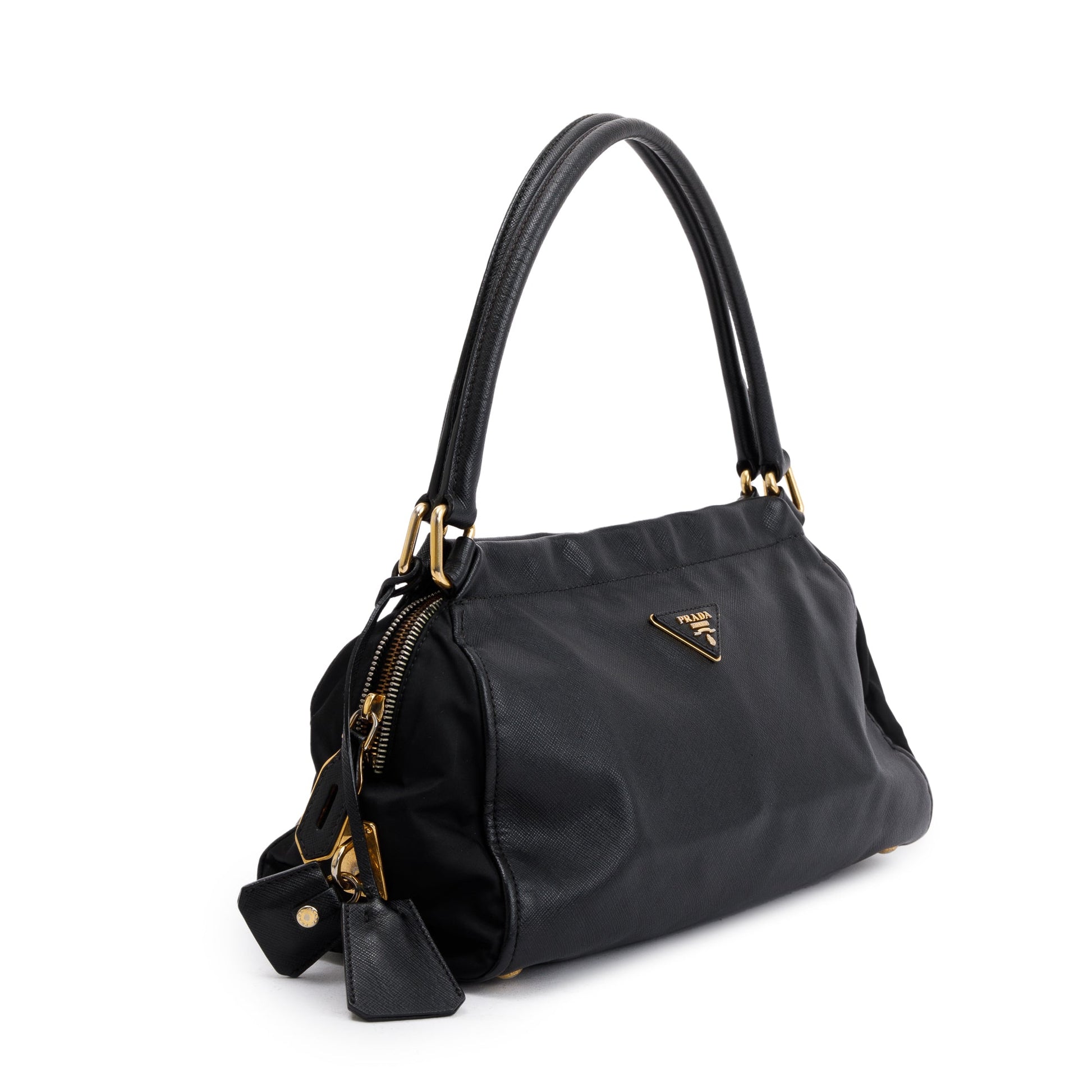 Prada Saffiano & Tessuto Vernice Bauletto Frame Bag Leather Black Travel Bag