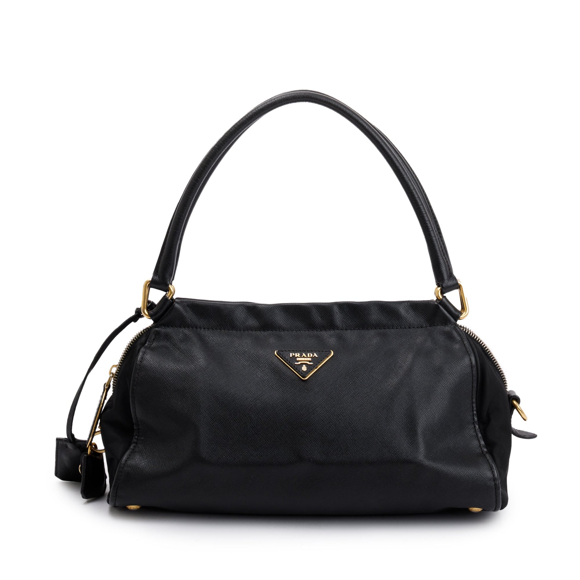 Prada Saffiano & Tessuto Vernice Bauletto Frame Bag Leather Black Travel Bag
