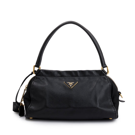 Prada Saffiano & Tessuto Vernice Bauletto Frame Bag Leather Black Travel Bag