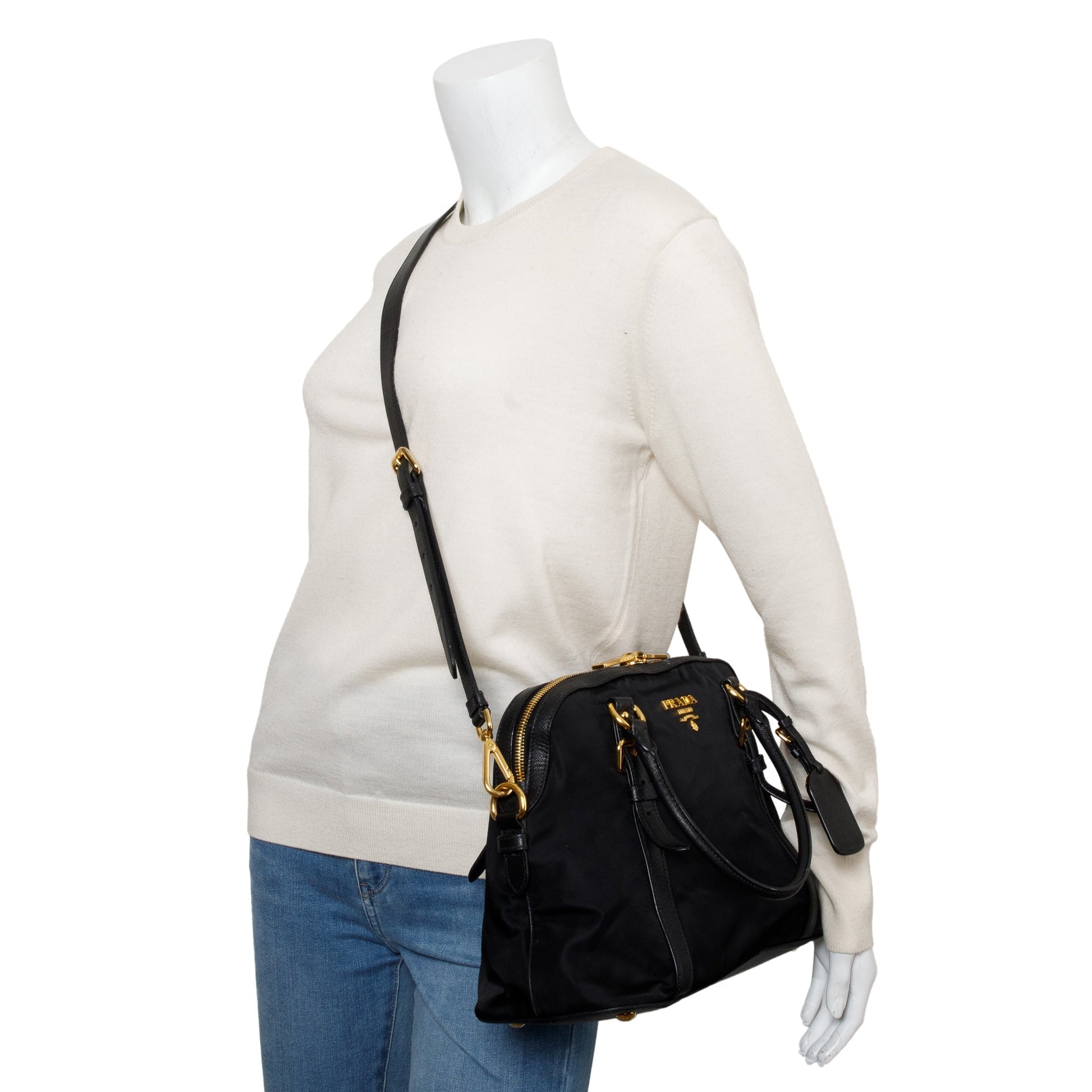 Prada Trimmed Tessuto Shoulder Bag Leather Nylon Saffiano
