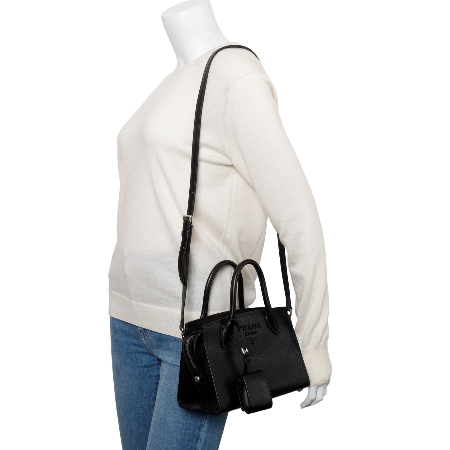 Prada Saffiano Lux Monochrome Top Handle Tote Handbag Black Mini Tote Bag