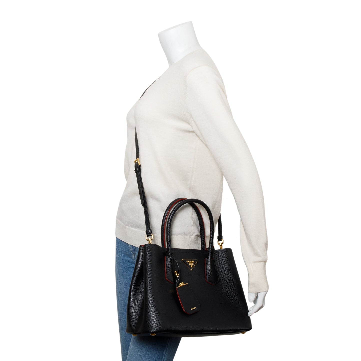Prada Lux Cuir Double Tote Saffiano Black Small Tote Bag