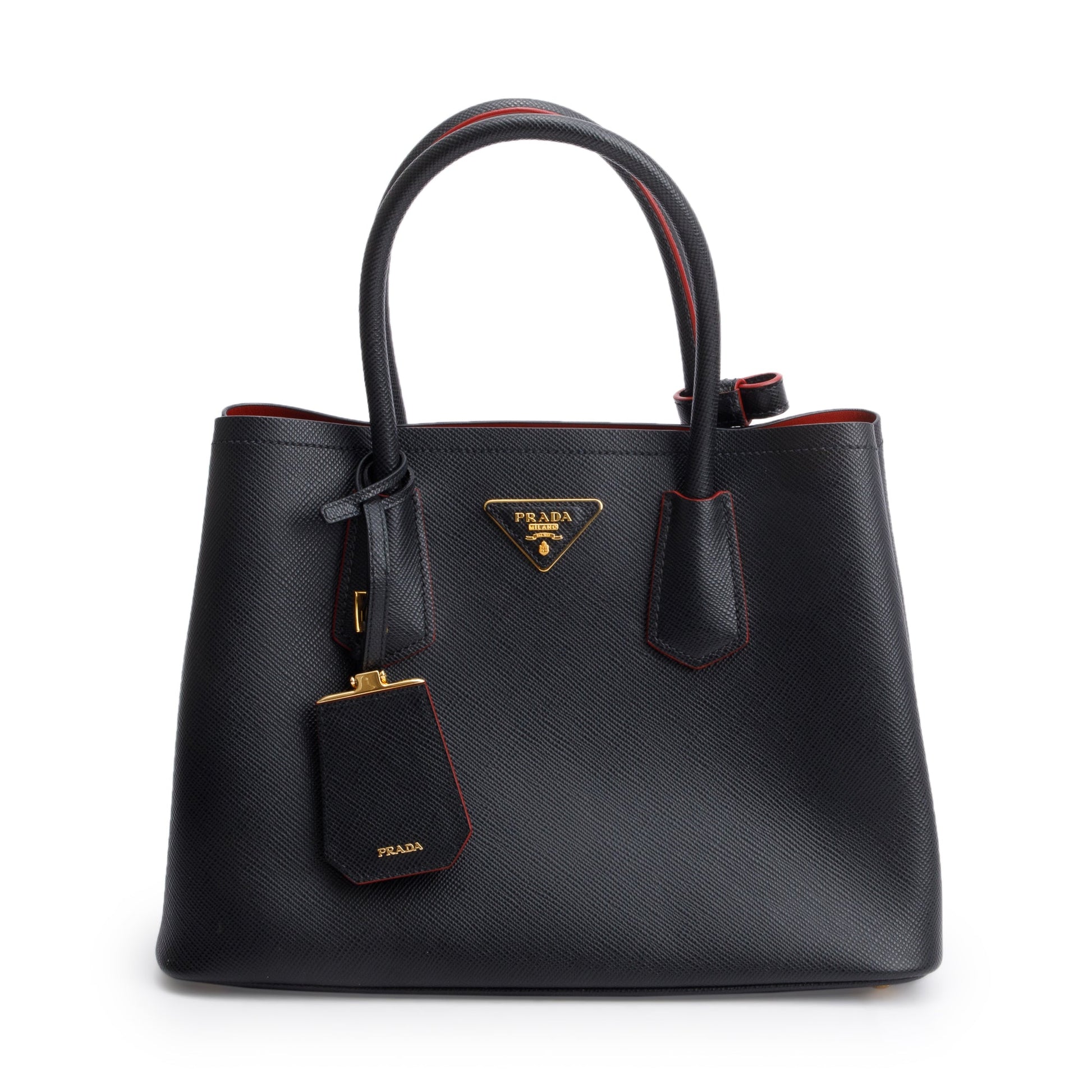 Prada Lux Cuir Double Tote Saffiano Black Small Tote Bag