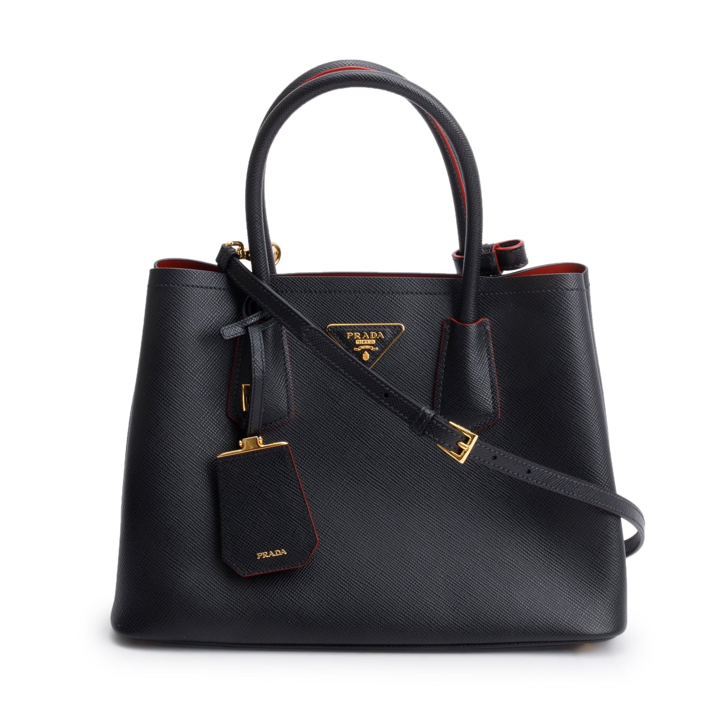 Prada Lux Cuir Double Tote Saffiano Black Small Tote Bag