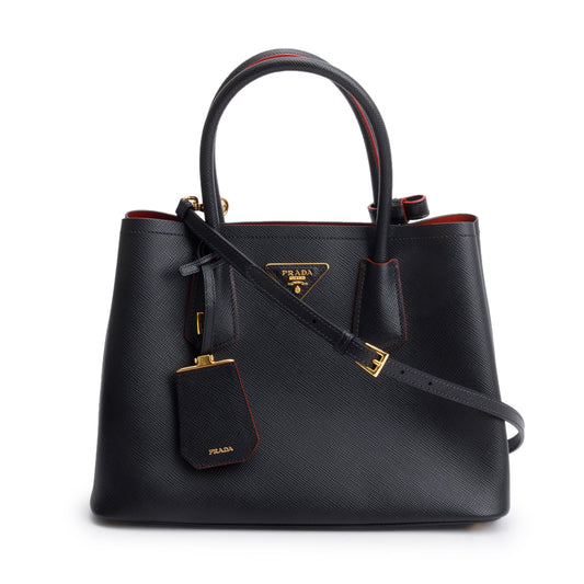 Prada Lux Cuir Double Tote Saffiano Black Small Tote Bag