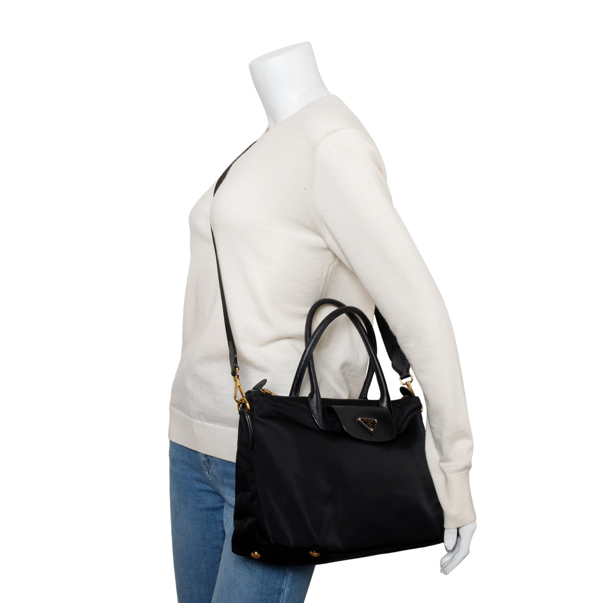 Prada Trimmed Tessuto Handle Tote Nylon Saffiano Black Tote Bag