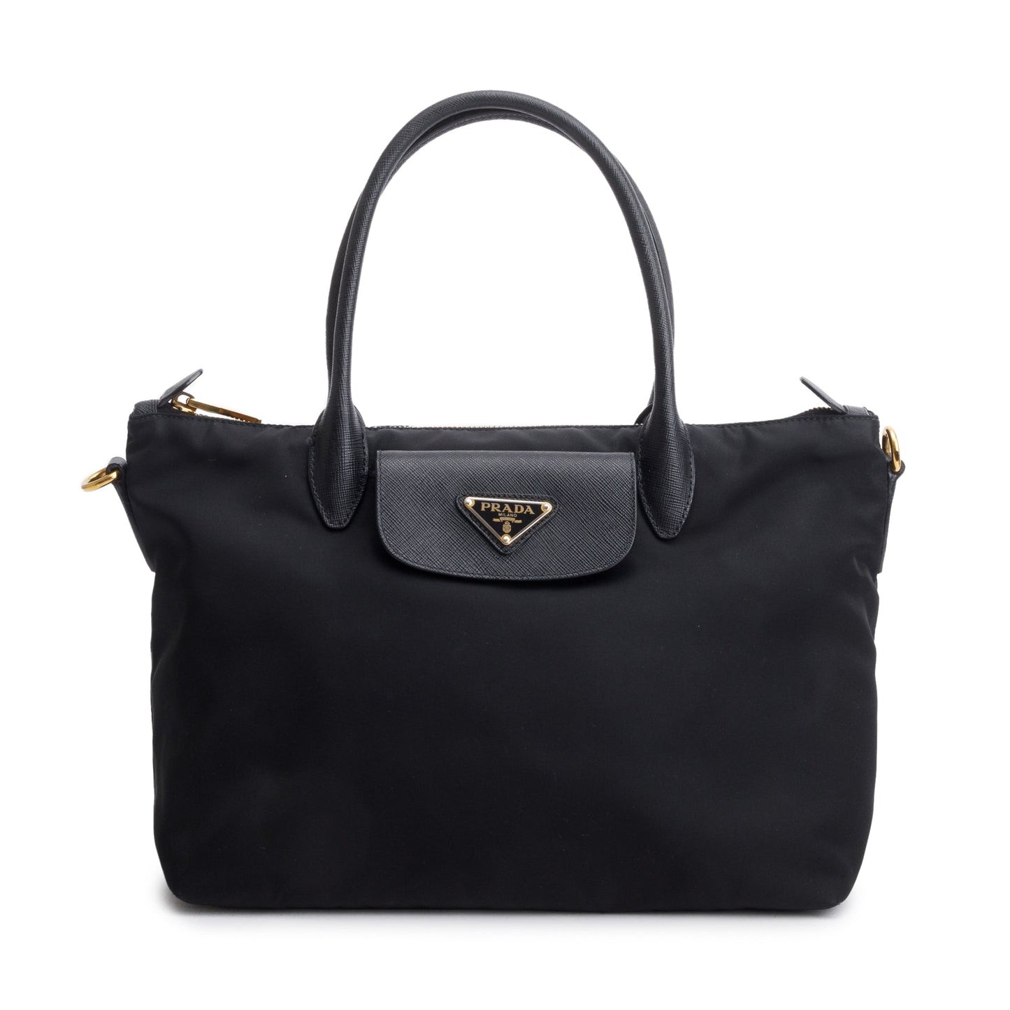 Prada Saffiano Trimmed Tessuto Handle Tote Handbag Nylon Black Tote Bag